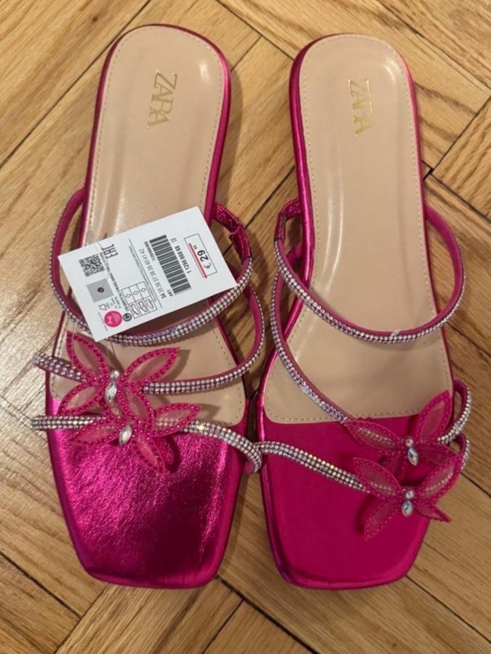 ZARA Hot Pink Floral Crystal-Strap Slide Sandals